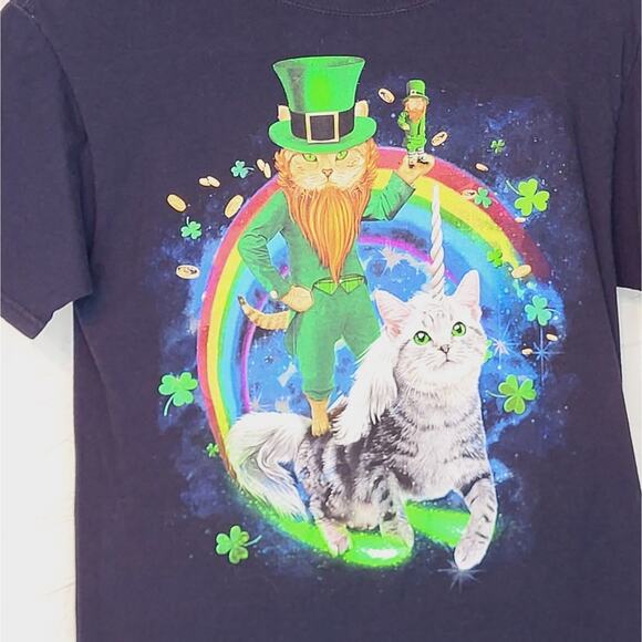 Cat Leprechaun Riding a Cat Unicorn with Rainbow Gold and Shamrocks size Small - Picture 4 of 8